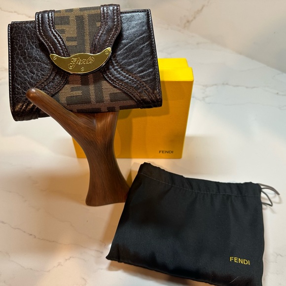 Fendi Handbags - Fendi Beige/Brown Zucca Canvas and Leather Compact Wallet